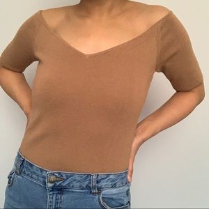 Casual Fitted Half Sleeves Off The Shoulder Knit Top Shirt in Tan Brown (S)